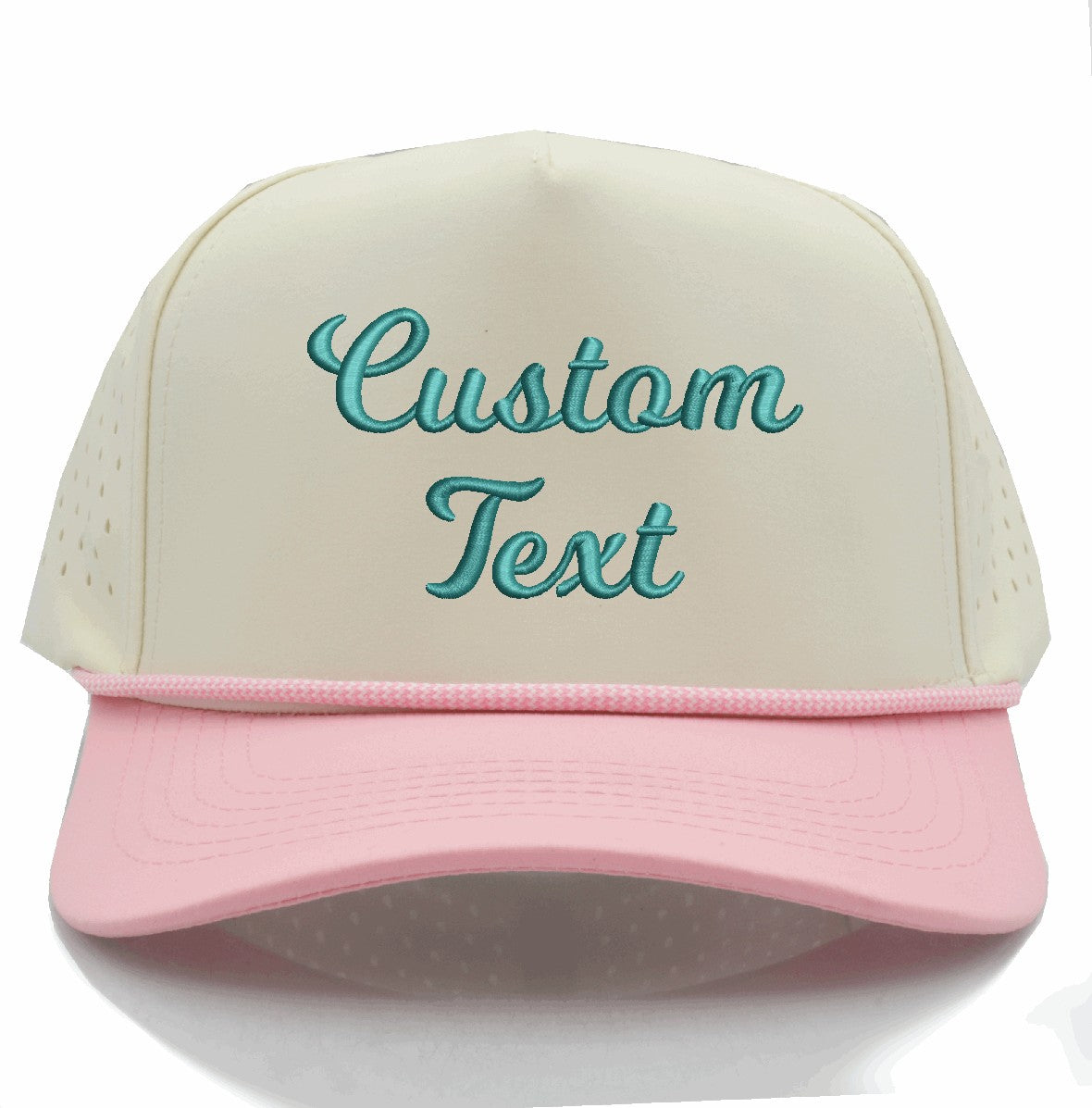 perforated hat with rope bink bill with custom embroidery of puffy text
