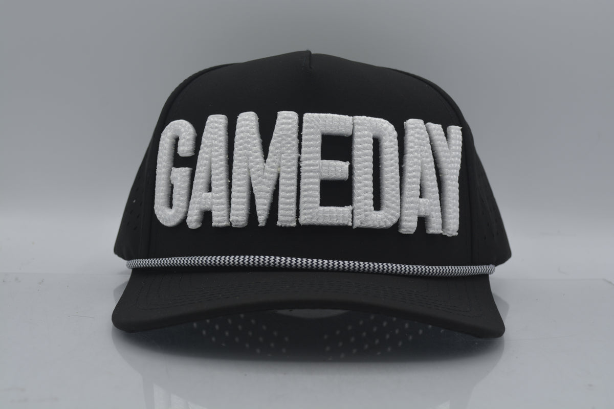 puffy text gameday embroidery on black cap