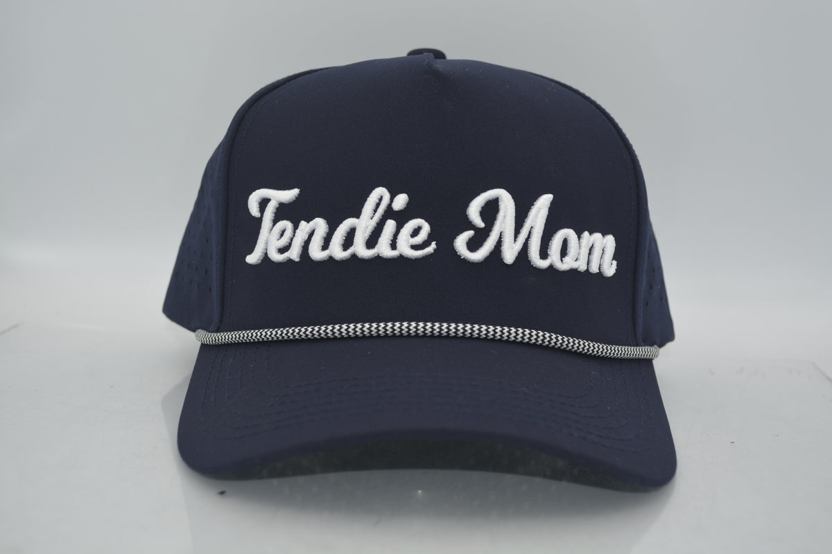 Navy blue cap with 'Tendie Mom' embroidered on a white background