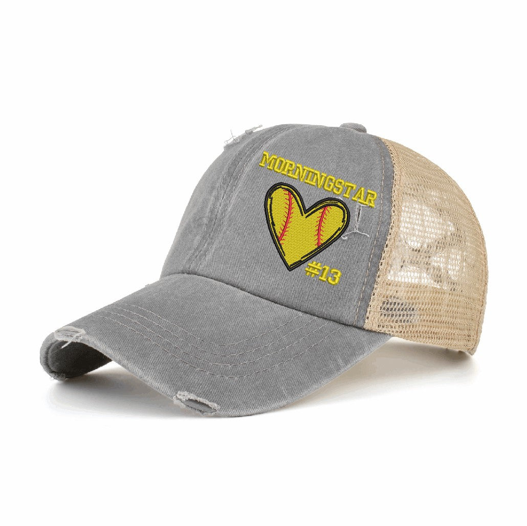 grey hat with cris cros opening ponytail