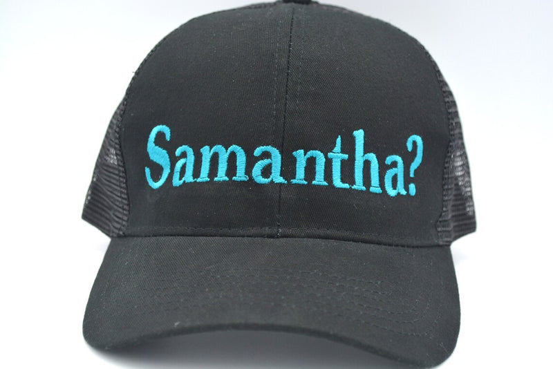 black ponytail hat with  custom name embroidery