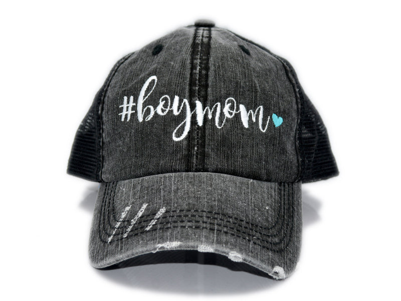 Black trucker hat with embroidery #boymom and blue heart